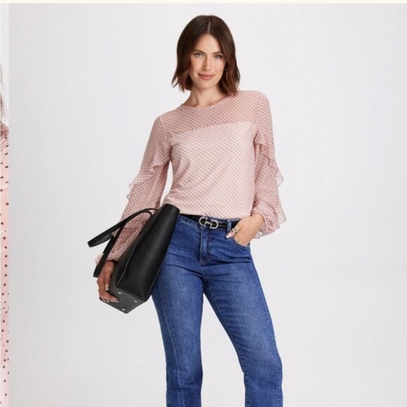 Laura Polka Dot Ruffled Mesh Sleeves Top Rose Quartz Pink - Picture 3 of 11